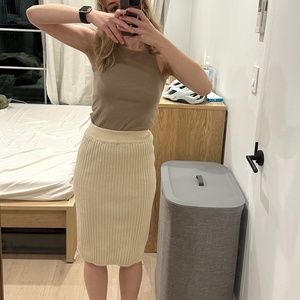 Cream knit pencil skirt business casual midi